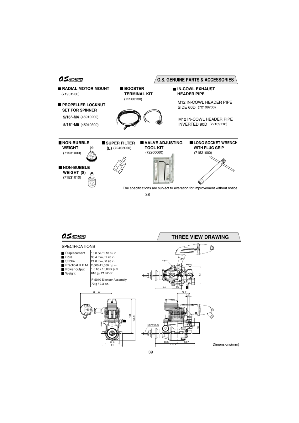 O.s. genuine parts & accessories, Three view drawing | O.S. Engines FS110-a w/Pump User Manual | Page 20 / 21