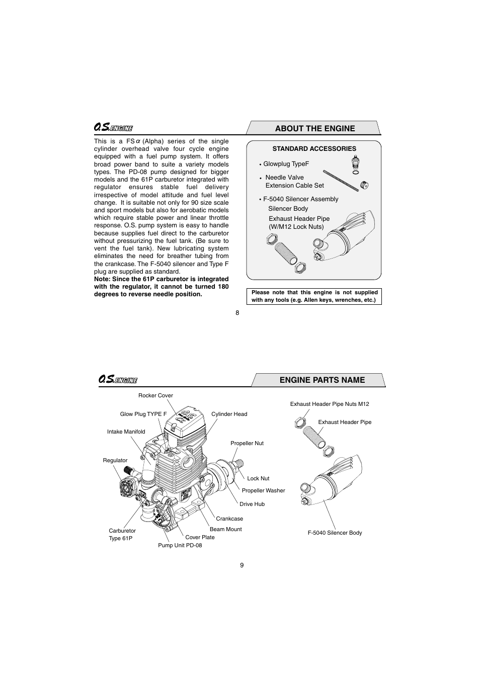 About the engine, Engine parts name | O.S. Engines FS110-a w/Pump User Manual | Page 5 / 21