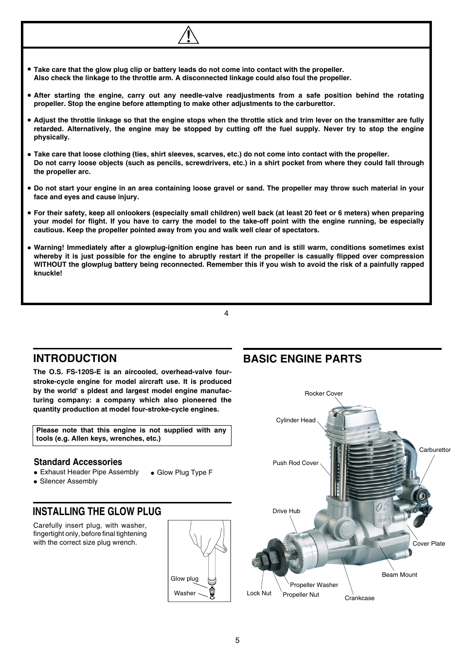 Introduction installing the glow plug, Basic engine parts, Standard accessories | O.S. Engines FS-120S-E User Manual | Page 3 / 13