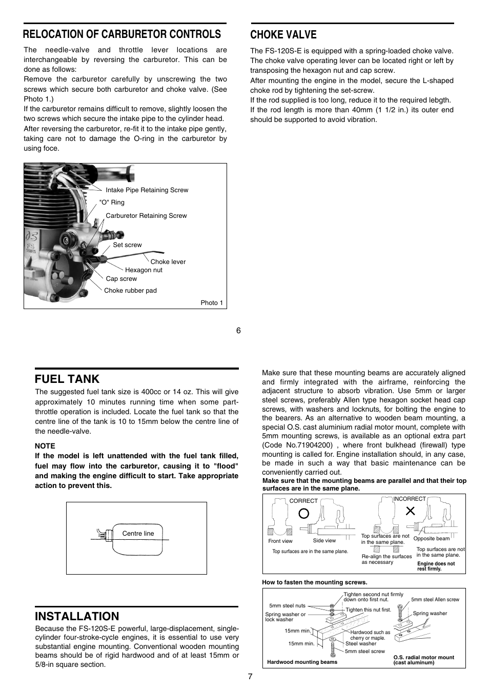 Relocation of carburetor controls, Choke valve, Installation fuel tank | O.S. Engines FS-120S-E User Manual | Page 4 / 13