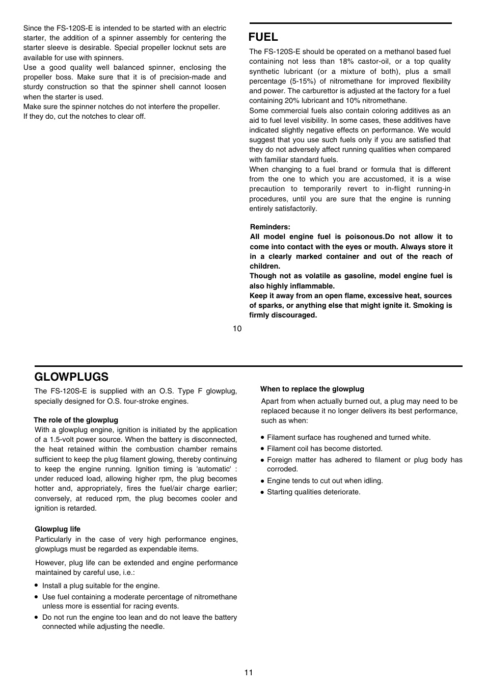 Fuel, Glowplugs | O.S. Engines FS-120S-E User Manual | Page 6 / 13