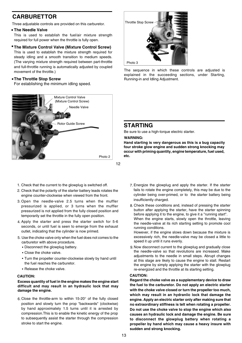 Carburettor, Starting | O.S. Engines FS-120S-E User Manual | Page 7 / 13