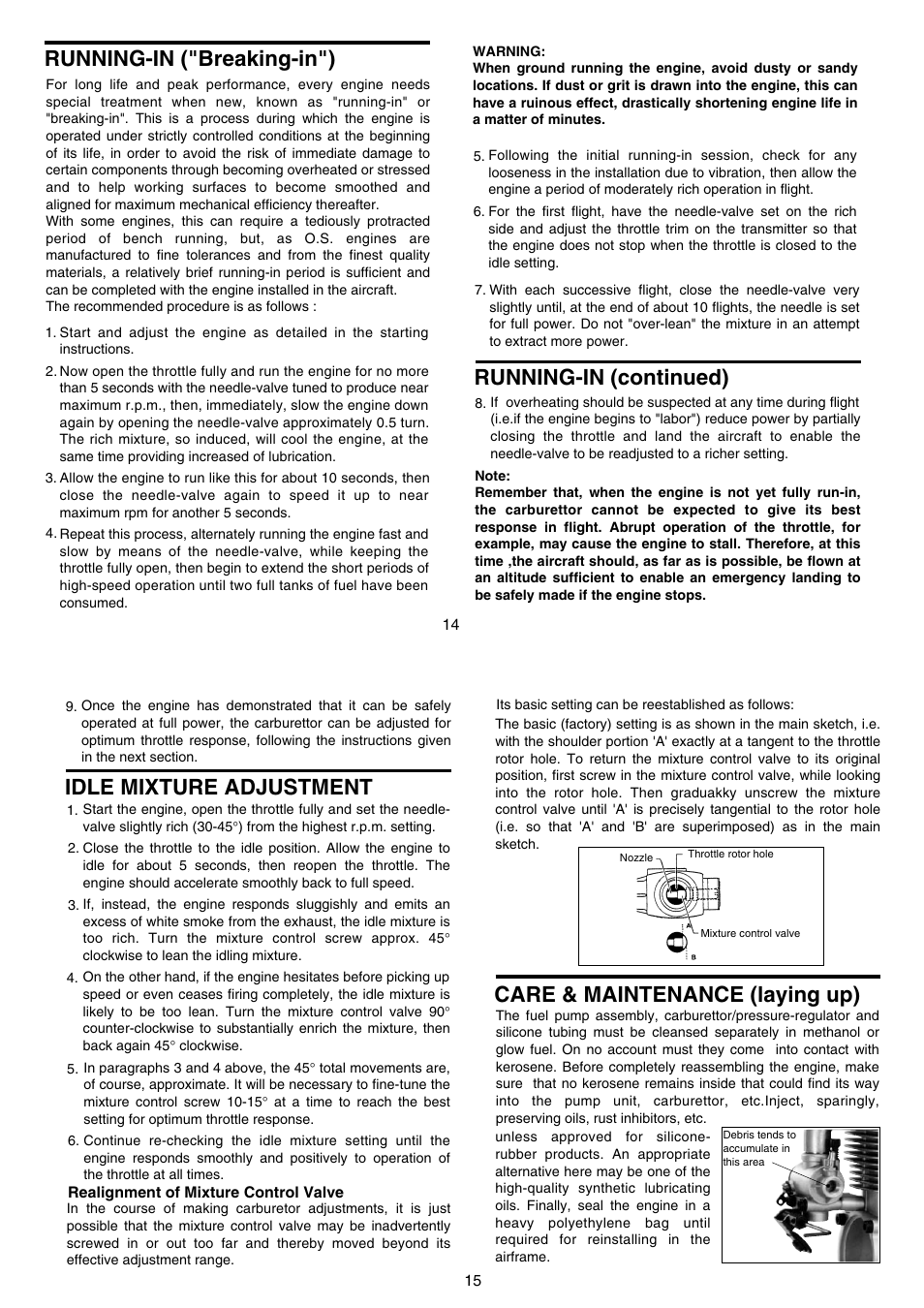 Running-in (continued), Running-in ("breaking-in"), Idle mixture adjustment | Care & maintenance (laying up) | O.S. Engines FS-120S-E User Manual | Page 8 / 13