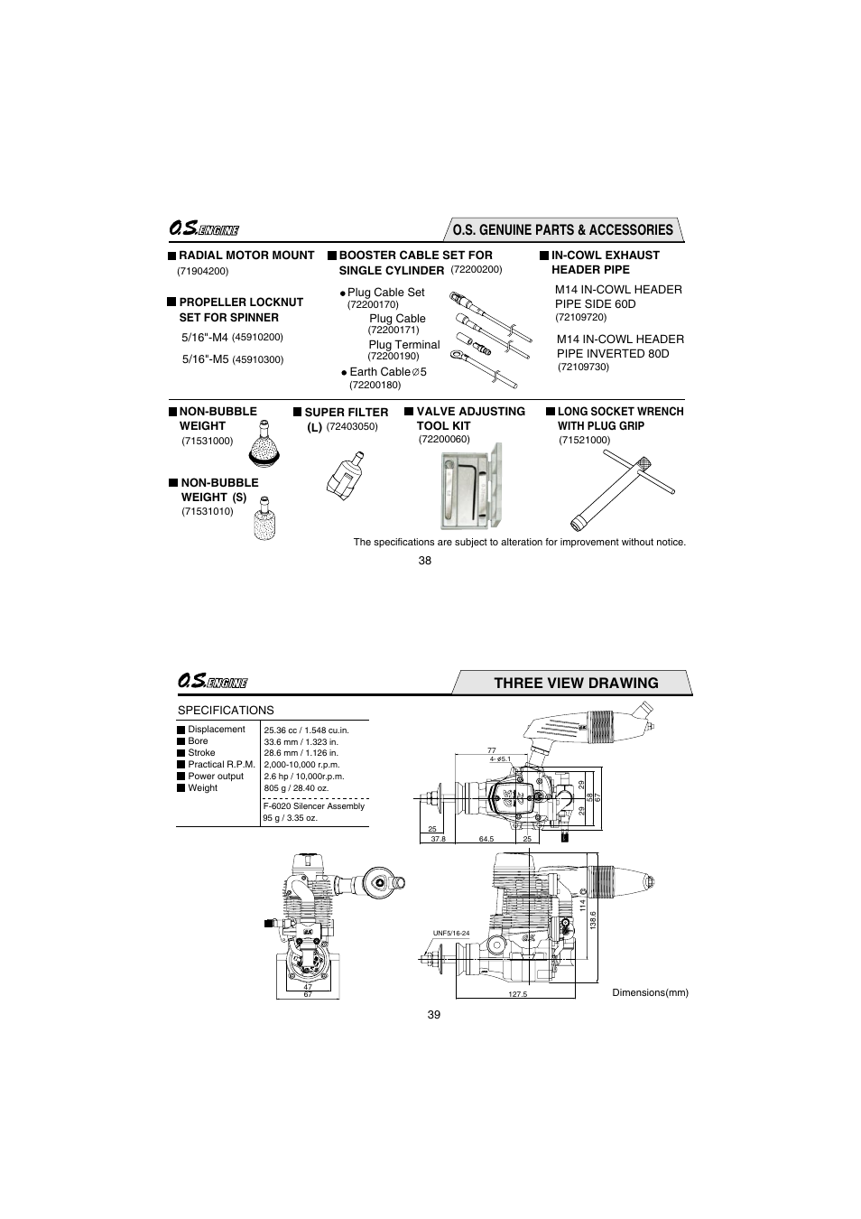 O.s. genuine parts & accessories, Three view drawing | O.S. Engines FS155-a w/Pump User Manual | Page 20 / 21