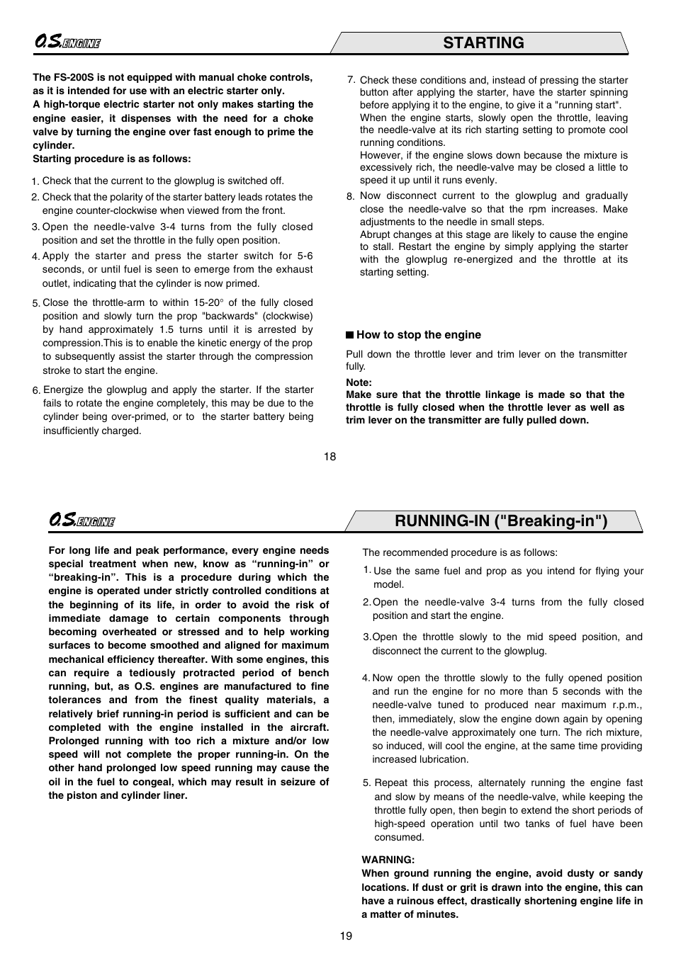 Starting, Running-in ("breaking-in") | O.S. Engines FS-200S User Manual | Page 10 / 15
