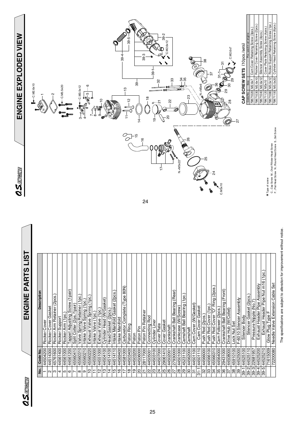 Engine exploded view, Engine parts list | O.S. Engines FS-200S User Manual | Page 13 / 15
