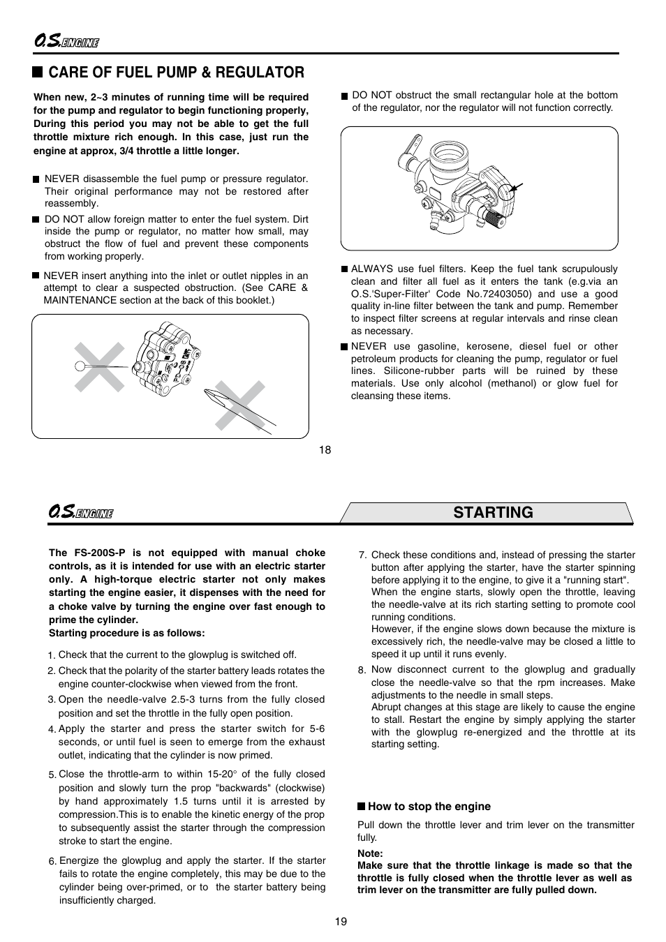 Care of fuel pump & regulator, Starting | O.S. Engines FS-200S-P User Manual | Page 10 / 16