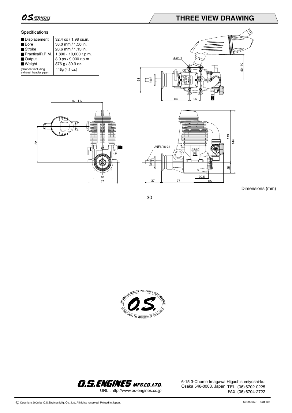 Three view drawing | O.S. Engines FS-200S-P User Manual | Page 16 / 16