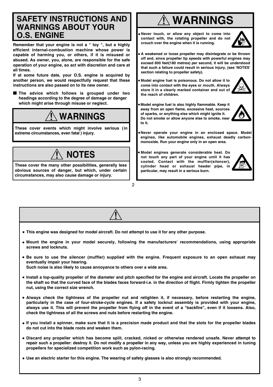 Warnings | O.S. Engines FS-200S-P User Manual | Page 2 / 16