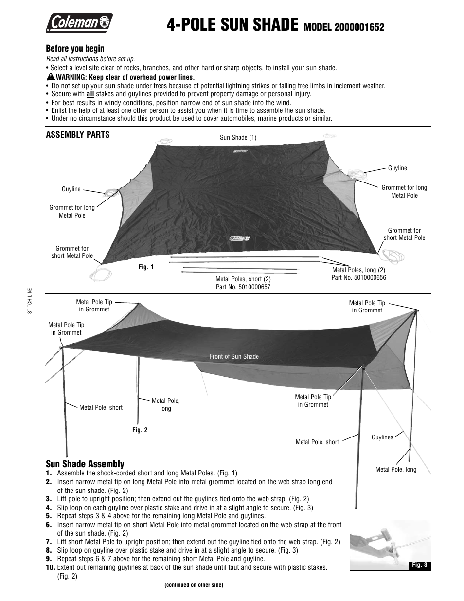 Coleman STITCHLINE 4-POLE SUN SHADE 2000001652 User Manual | 2 pages