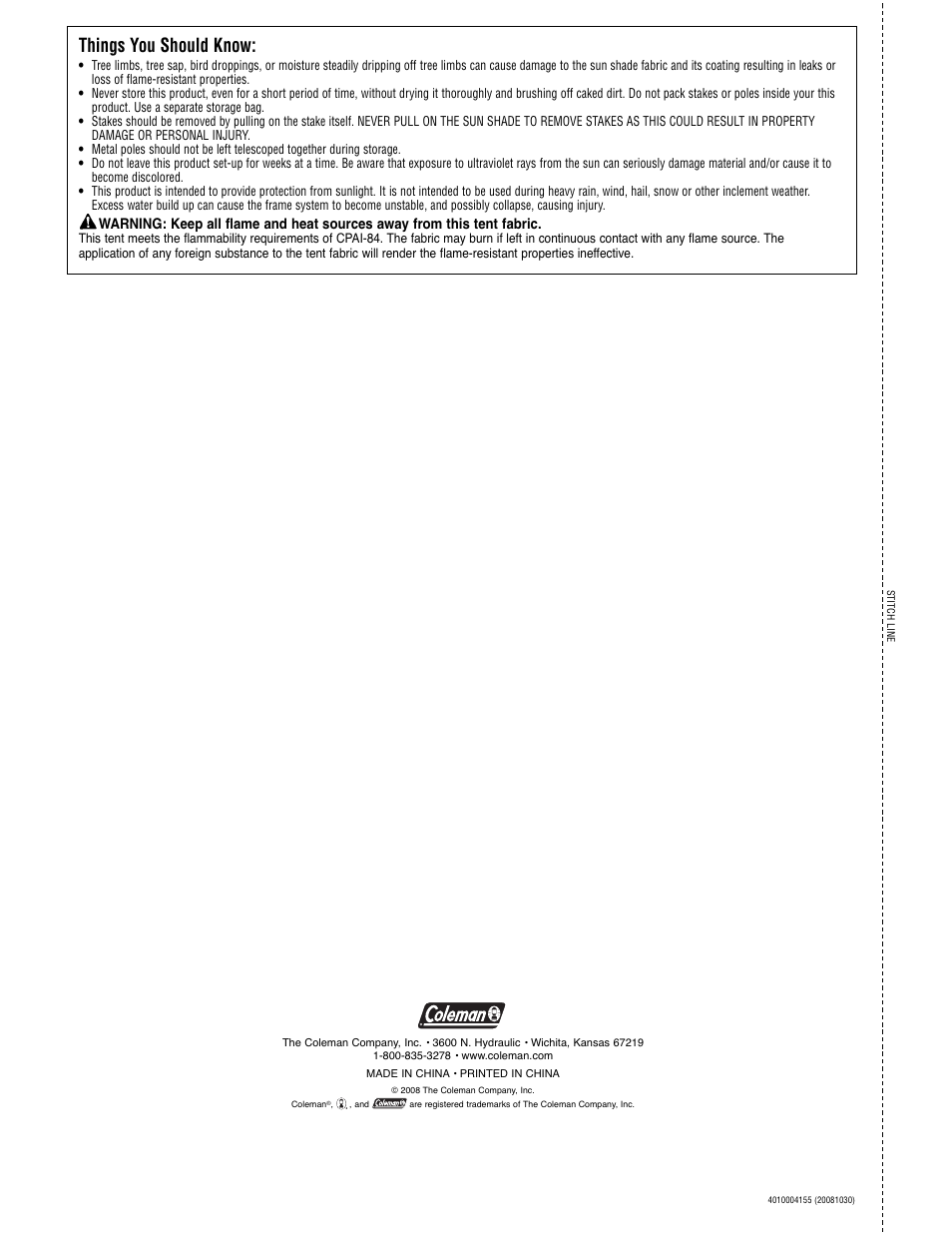 Things you should know | Coleman STITCHLINE 4-POLE SUN SHADE 2000001652 User Manual | Page 2 / 2