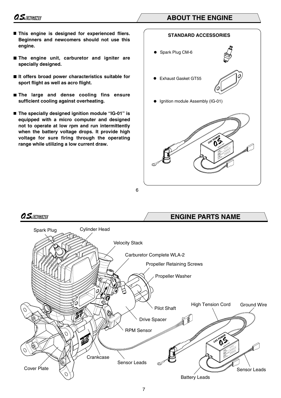 About the engine, Engine parts name, 7propeller retaining screws | Spark plug cm-6 | O.S. Engines GT55 User Manual | Page 4 / 18