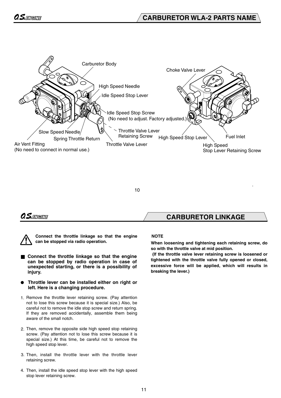 Carburetor wla-2 parts name, Carburetor linkage | O.S. Engines GT55 User Manual | Page 6 / 18
