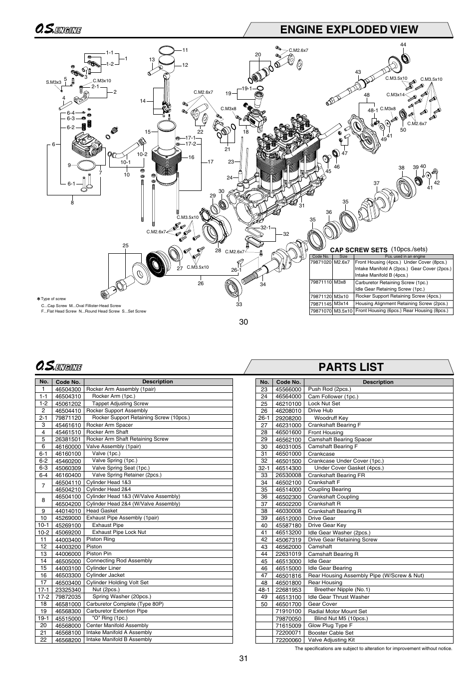 Engine exploded view, Parts list | O.S. Engines IL-300 User Manual | Page 16 / 18