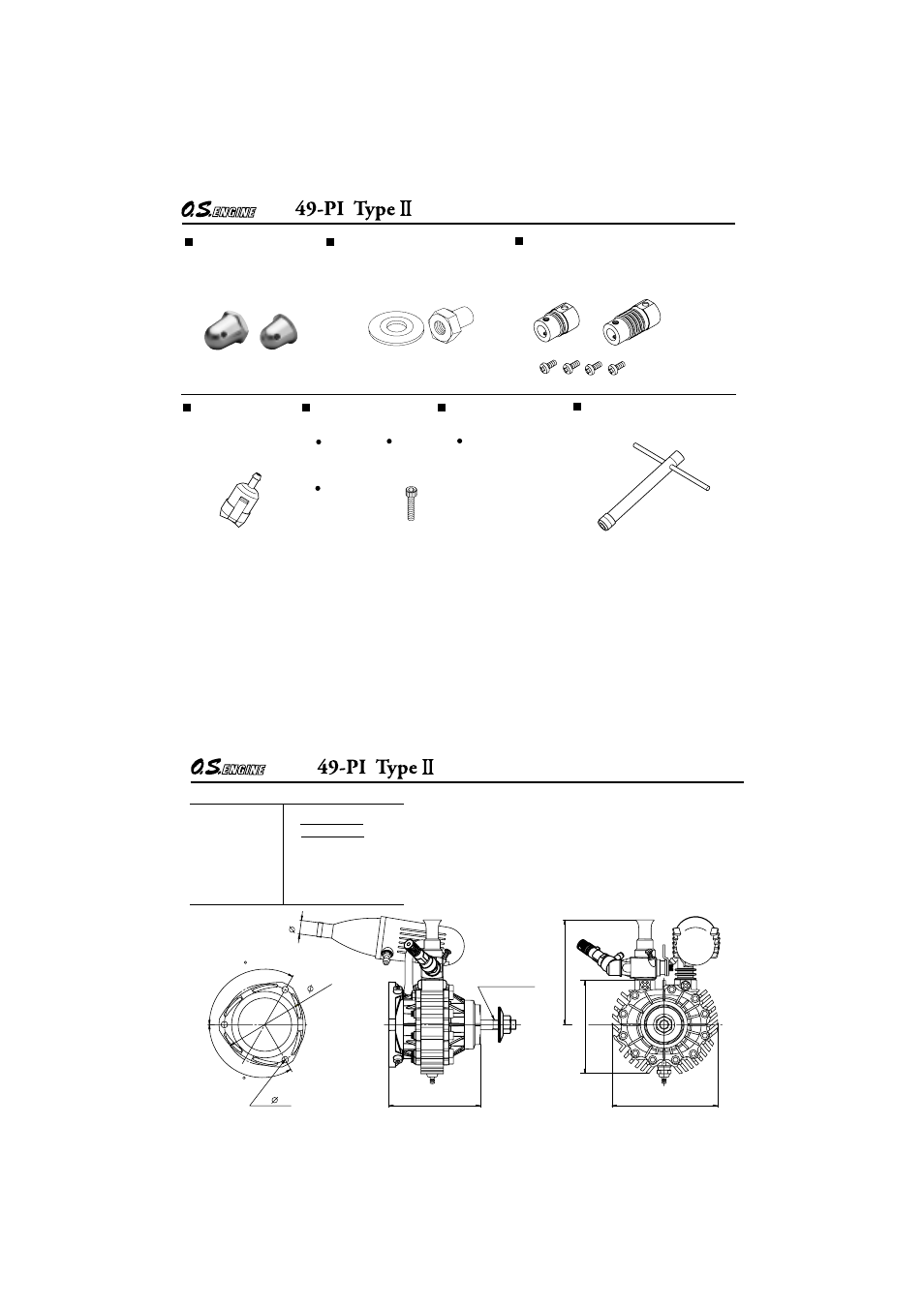 O.s. genuine parts & accessories, Three view drawing | O.S. Engines Rotary 49PI Type II User Manual | Page 19 / 20