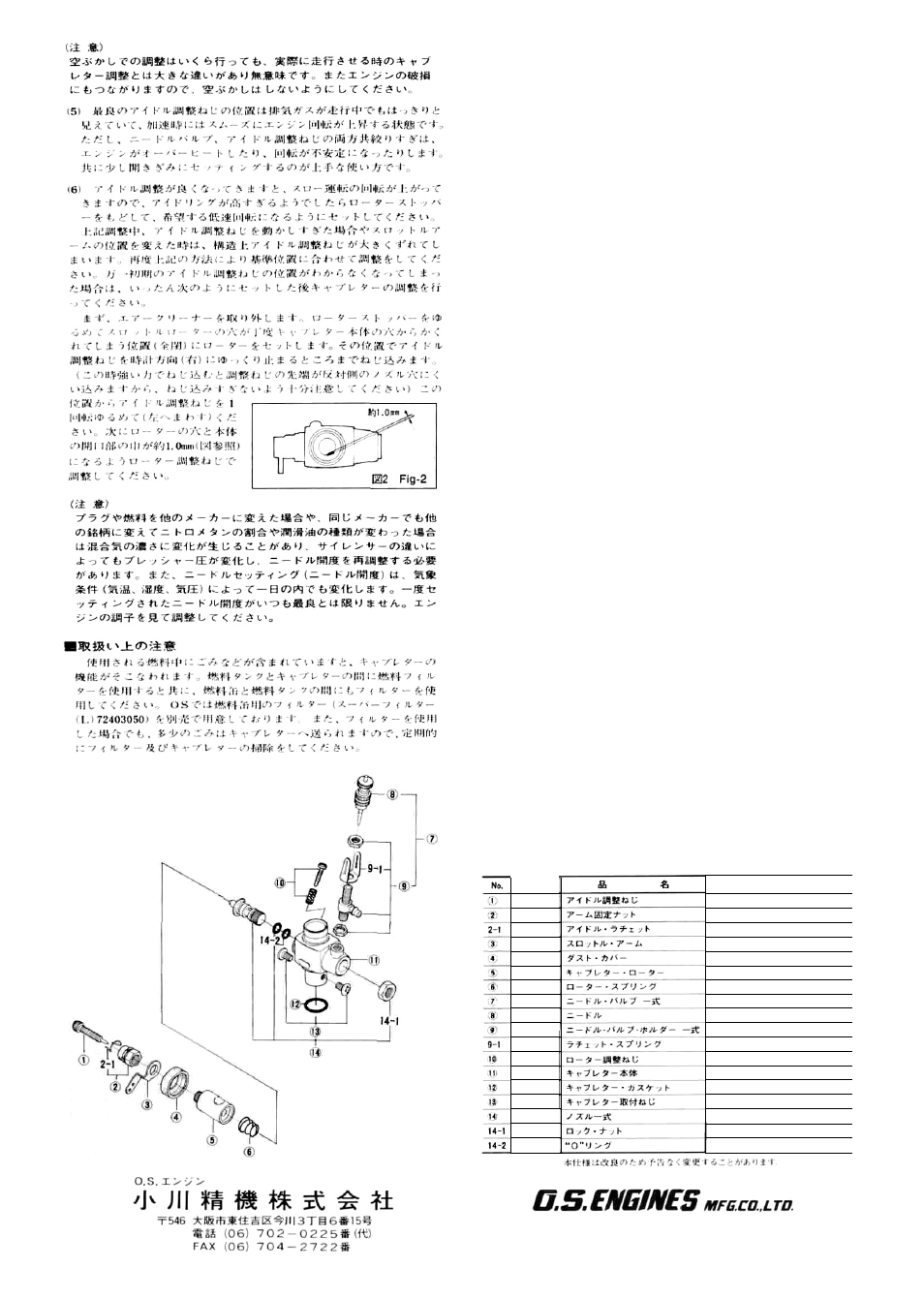 Carburettor cleanliness, Subsequent readjustments, Parts list | O.S. Engines 2BK Carb - 21283020 User Manual | Page 2 / 2