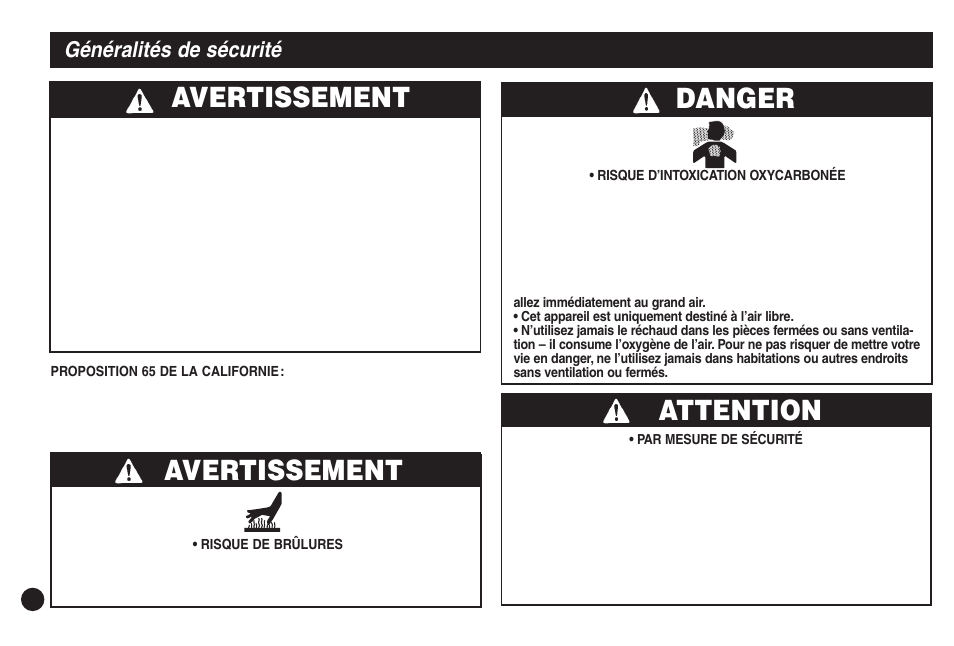 Avertissement, Avertissement attention, Danger | Généralités de sécurité | Coleman 5430C User Manual | Page 14 / 32