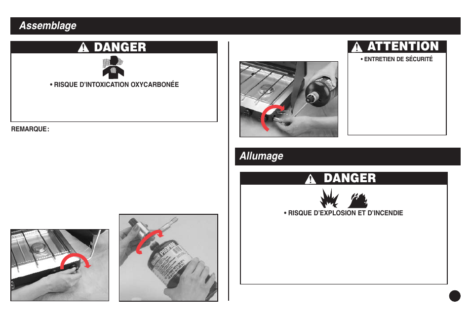 Danger, Attention, Assemblage | Allumage | Coleman 5430C User Manual | Page 15 / 32