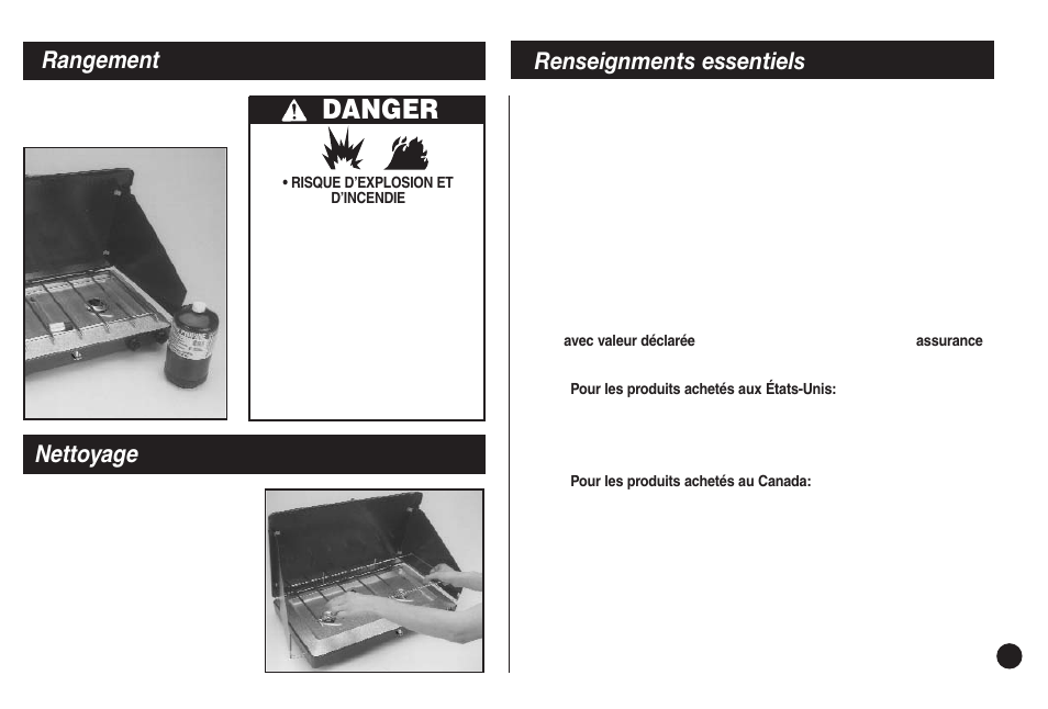 Danger, Rangement, Nettoyage | Renseignments essentiels | Coleman 5430C User Manual | Page 17 / 32