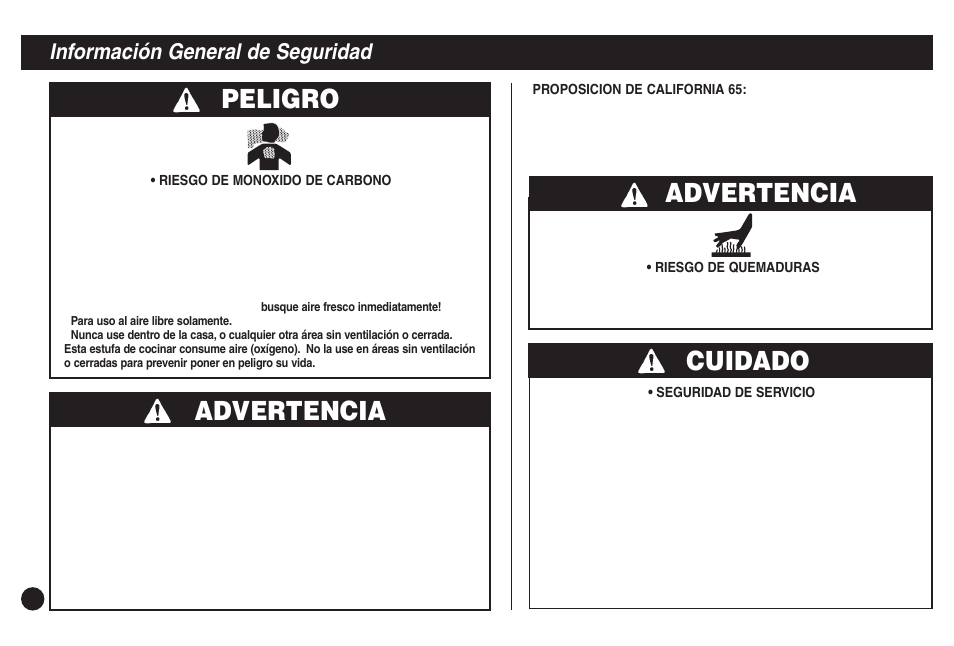 Advertencia cuidado, Advertencia, Peligro | Información general de seguridad | Coleman 5430C User Manual | Page 24 / 32