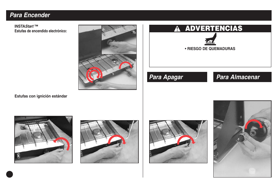 Advertencias, Para encender, Para apagar | Para almacenar | Coleman 5430C User Manual | Page 26 / 32