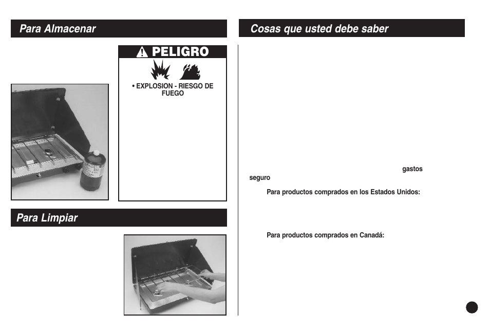 Peligro, Para almacenar, Para limpiar cosas que usted debe saber | Coleman 5430C User Manual | Page 27 / 32