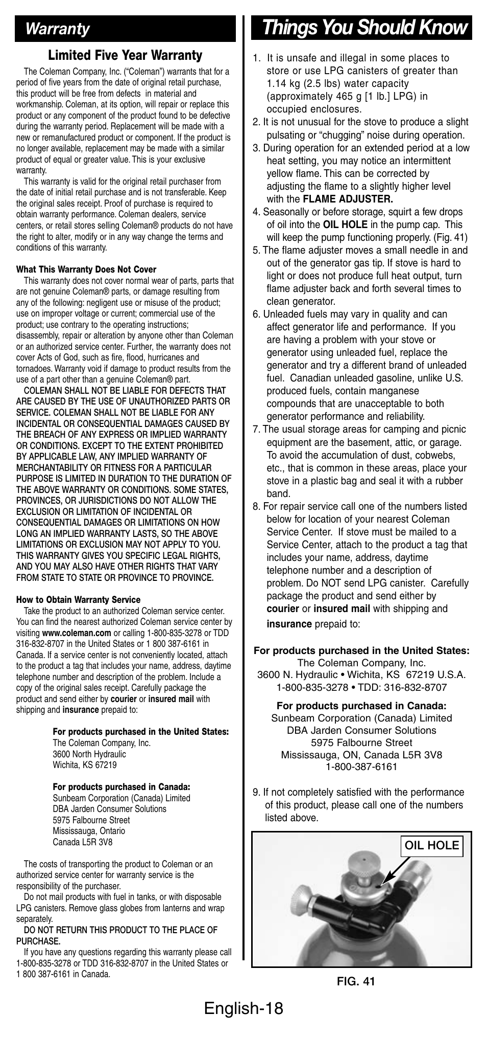 Things you should know, English-18, Warranty | Limited five year warranty | Coleman FYRESTORM 9775 User Manual | Page 19 / 20