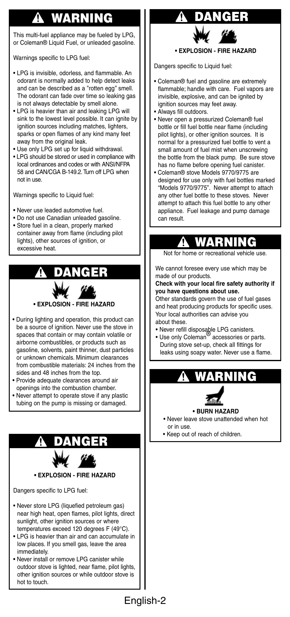 Warning danger, Warning, Danger | English-2 | Coleman FYRESTORM 9775 User Manual | Page 3 / 20