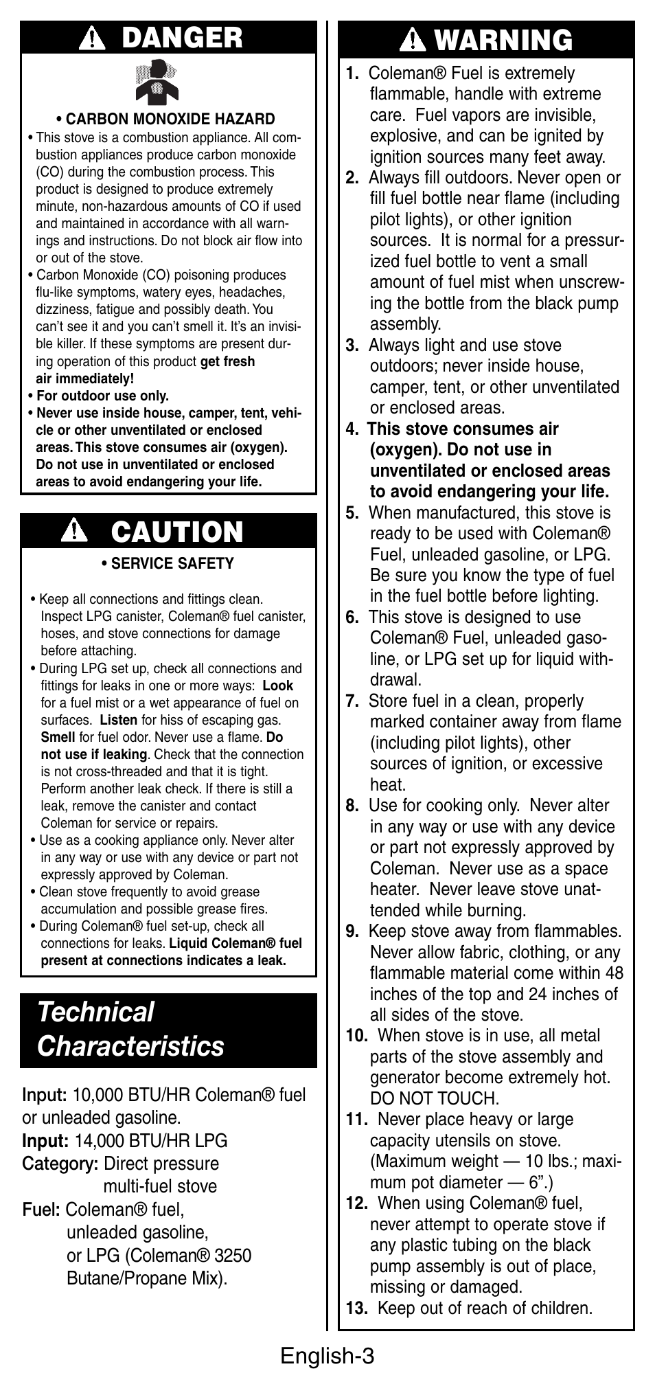 Warning danger, Caution, Technical characteristics | English-3 | Coleman FYRESTORM 9775 User Manual | Page 4 / 20