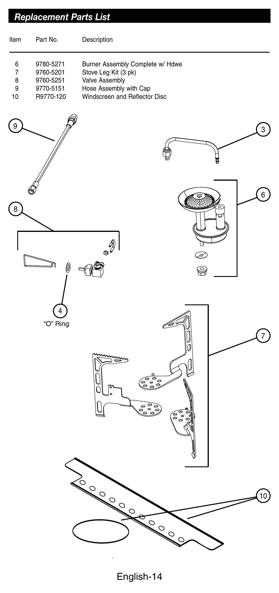 English-14, Replacement parts list | Coleman 9760 User Manual | Page 15 / 20