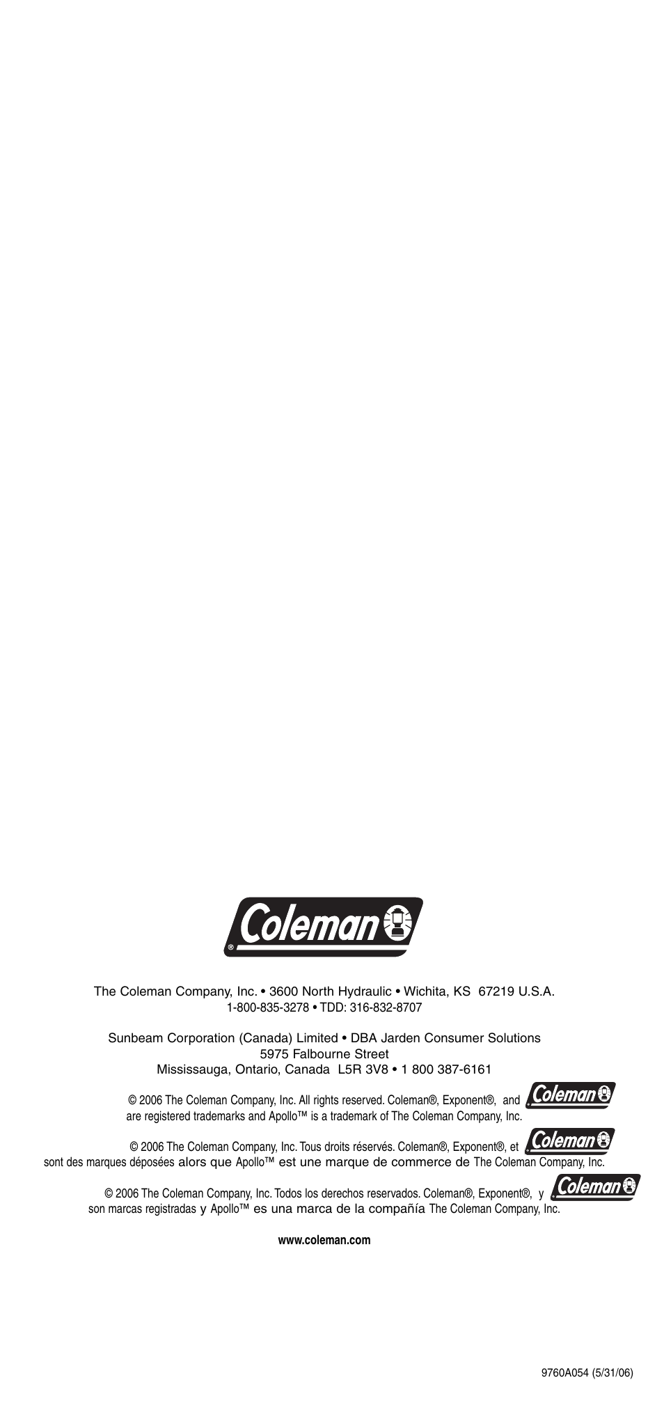 Coleman 9760 User Manual | Page 20 / 20