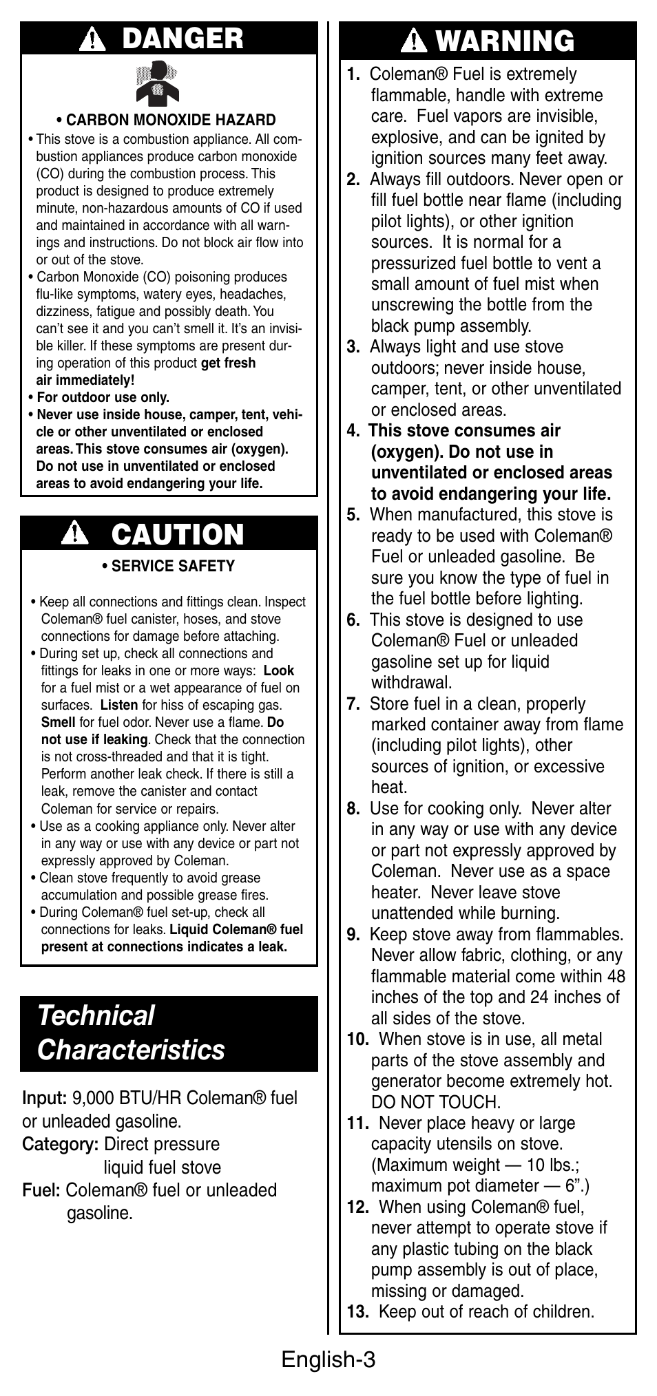 Danger, Caution, Warning technical characteristics | English-3 | Coleman 9760 User Manual | Page 4 / 20
