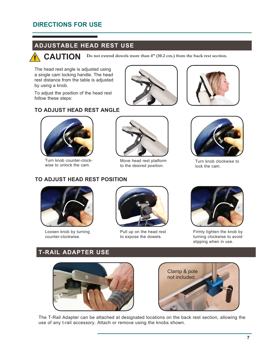 Caution, Directions for use, Adjustable head rest use | T-rail adapter use | Oakworks 121A Procedure Chair Rev.D User Manual | Page 10 / 20