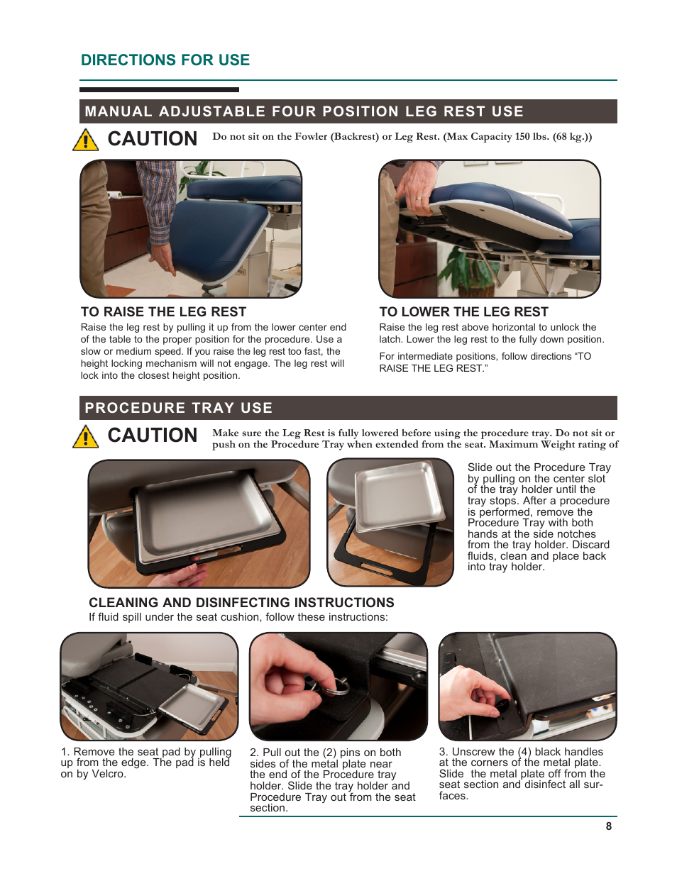 Caution, Directions for use, Procedure tray use | Manual adjustable four position leg rest use | Oakworks 121A Procedure Chair Rev.D User Manual | Page 11 / 20