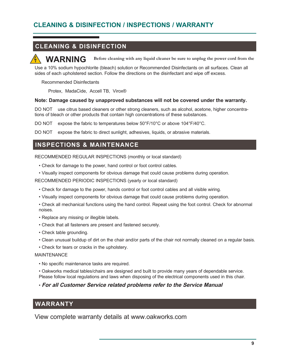 Warning, Cleaning & disinfection / inspections / warranty | Oakworks 121A Procedure Chair Rev.D User Manual | Page 12 / 20