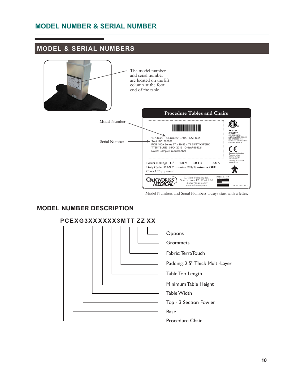 Model number & serial number, Model & serial numbers model number description, Procedure tables and chairs | Oakworks 121A Procedure Chair Rev.D User Manual | Page 13 / 20