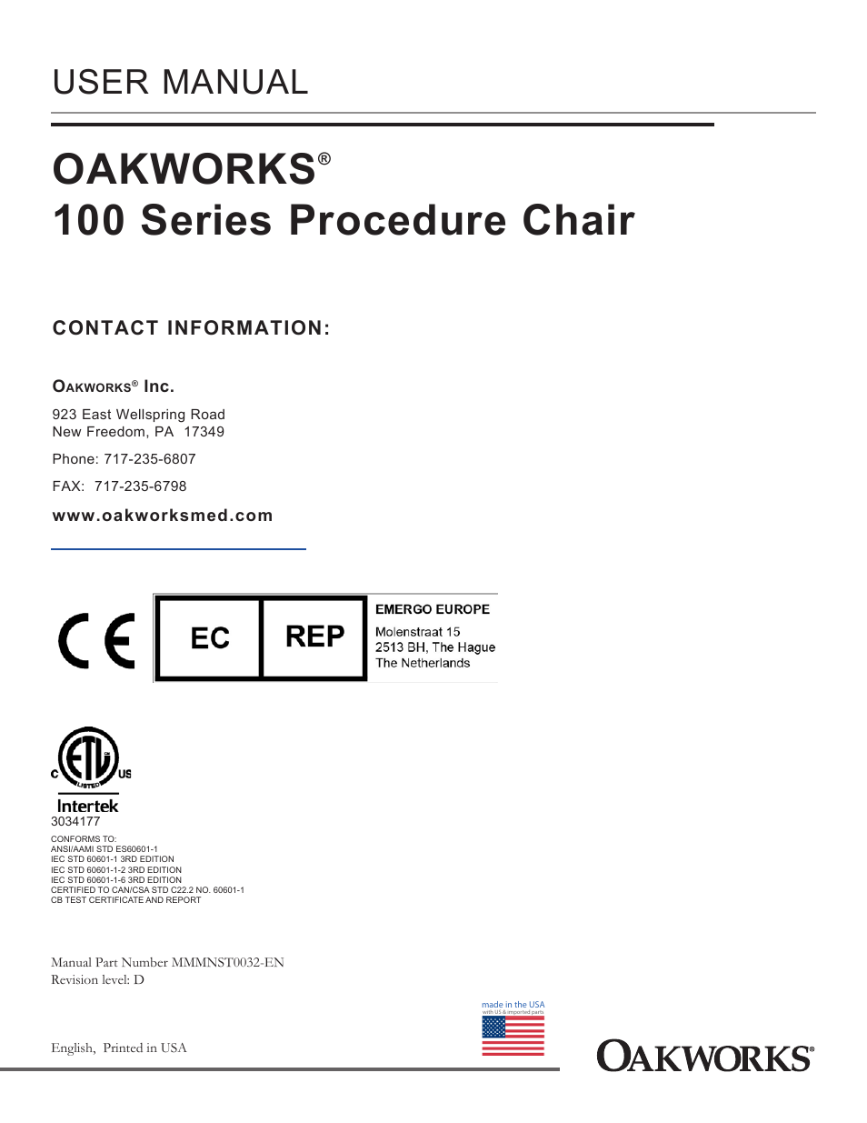 Oakworks, 100 series procedure chair, User manual | Contact information | Oakworks 121A Procedure Chair Rev.D User Manual | Page 20 / 20