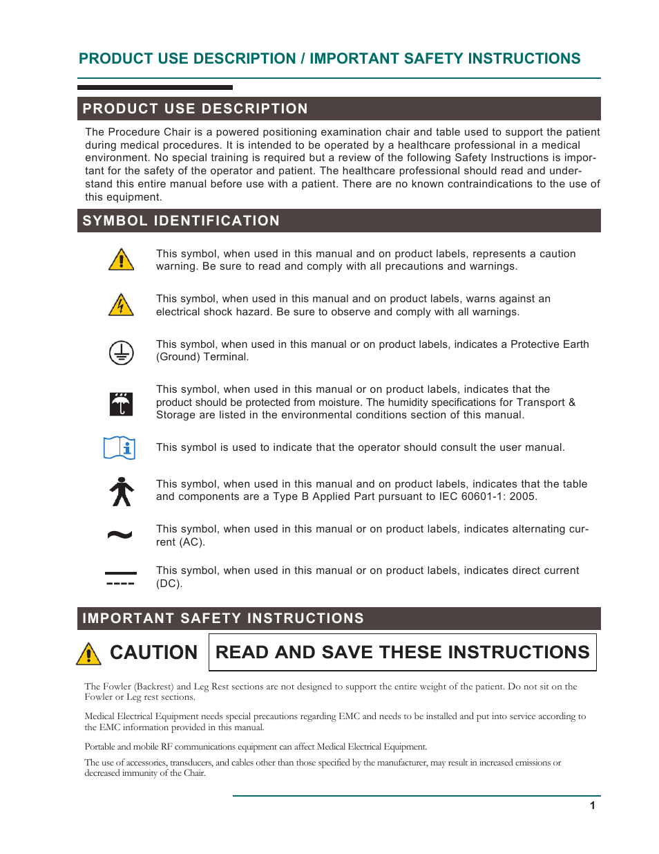 Caution, Read and save these instructions | Oakworks 121A Procedure Chair Rev.D User Manual | Page 4 / 20