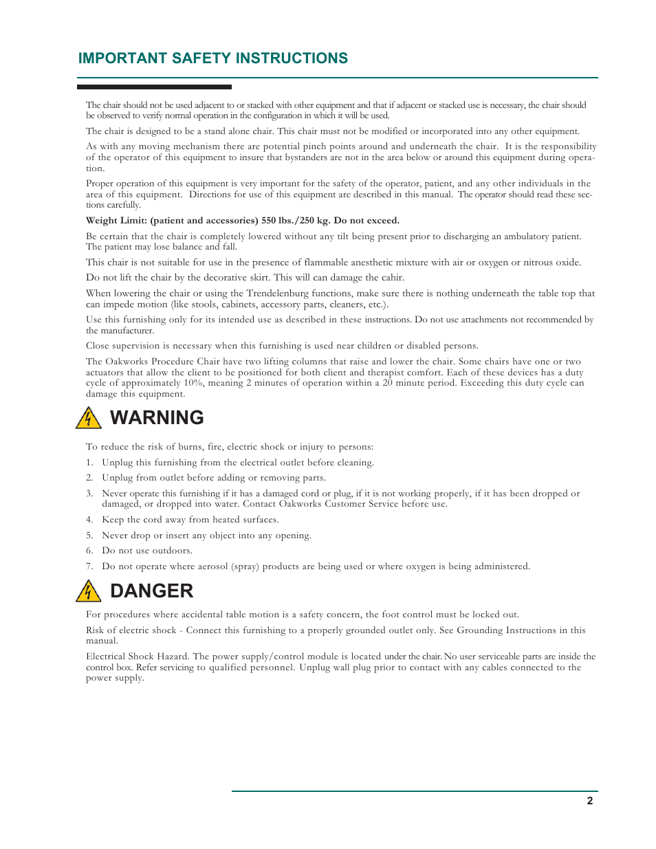 Warning, Danger, Important safety instructions | Oakworks 121A Procedure Chair Rev.D User Manual | Page 5 / 20