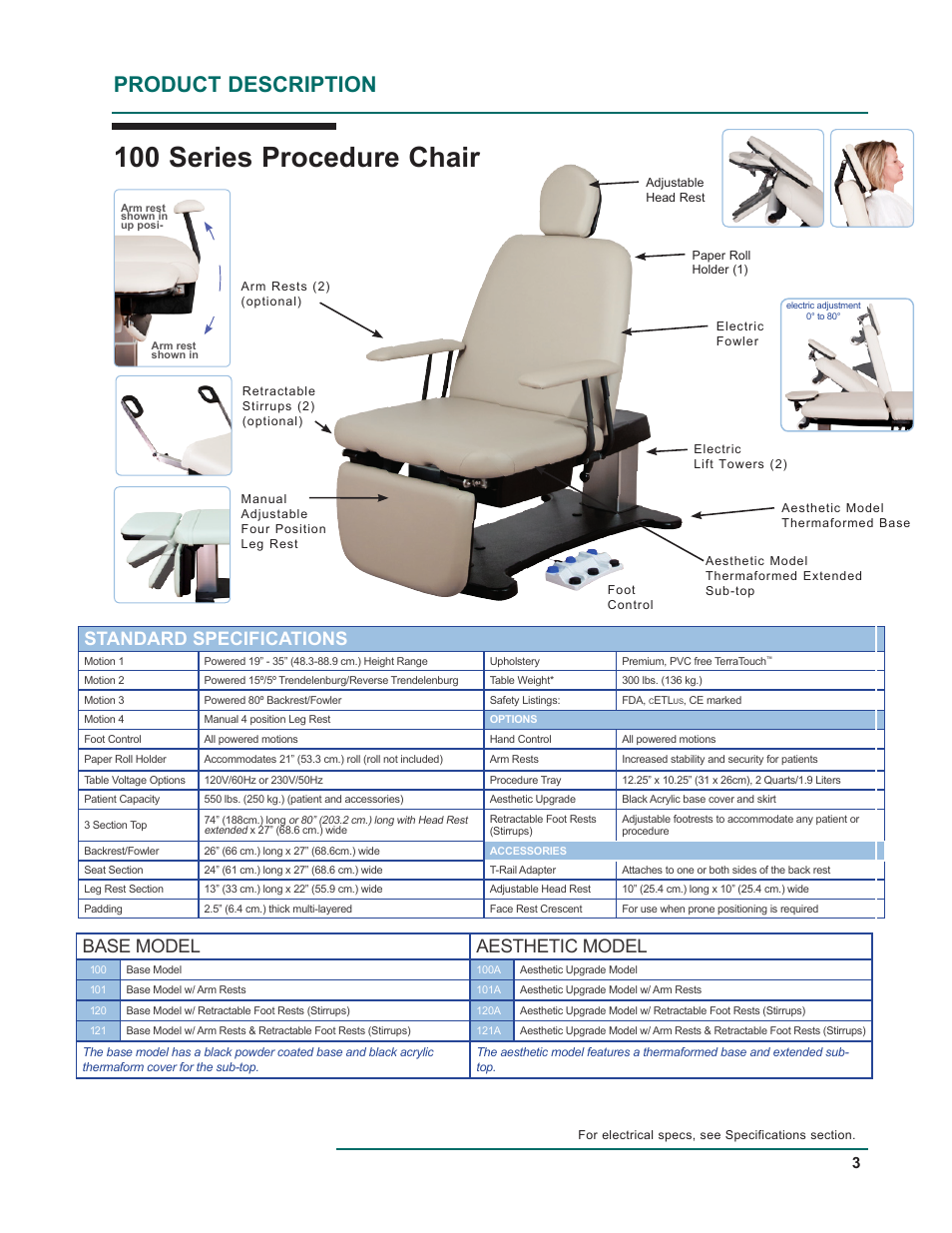 100 series procedure chair, Product description, Standard specifications | Base model aesthetic model | Oakworks 121A Procedure Chair Rev.D User Manual | Page 6 / 20