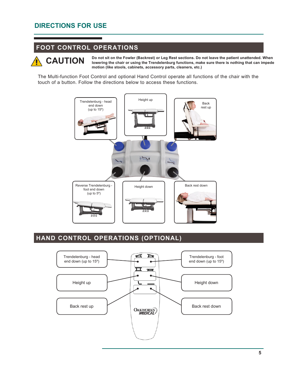 Caution, Directions for use, Foot control operations | Hand control operations (optional) | Oakworks 121A Procedure Chair Rev.D User Manual | Page 8 / 20