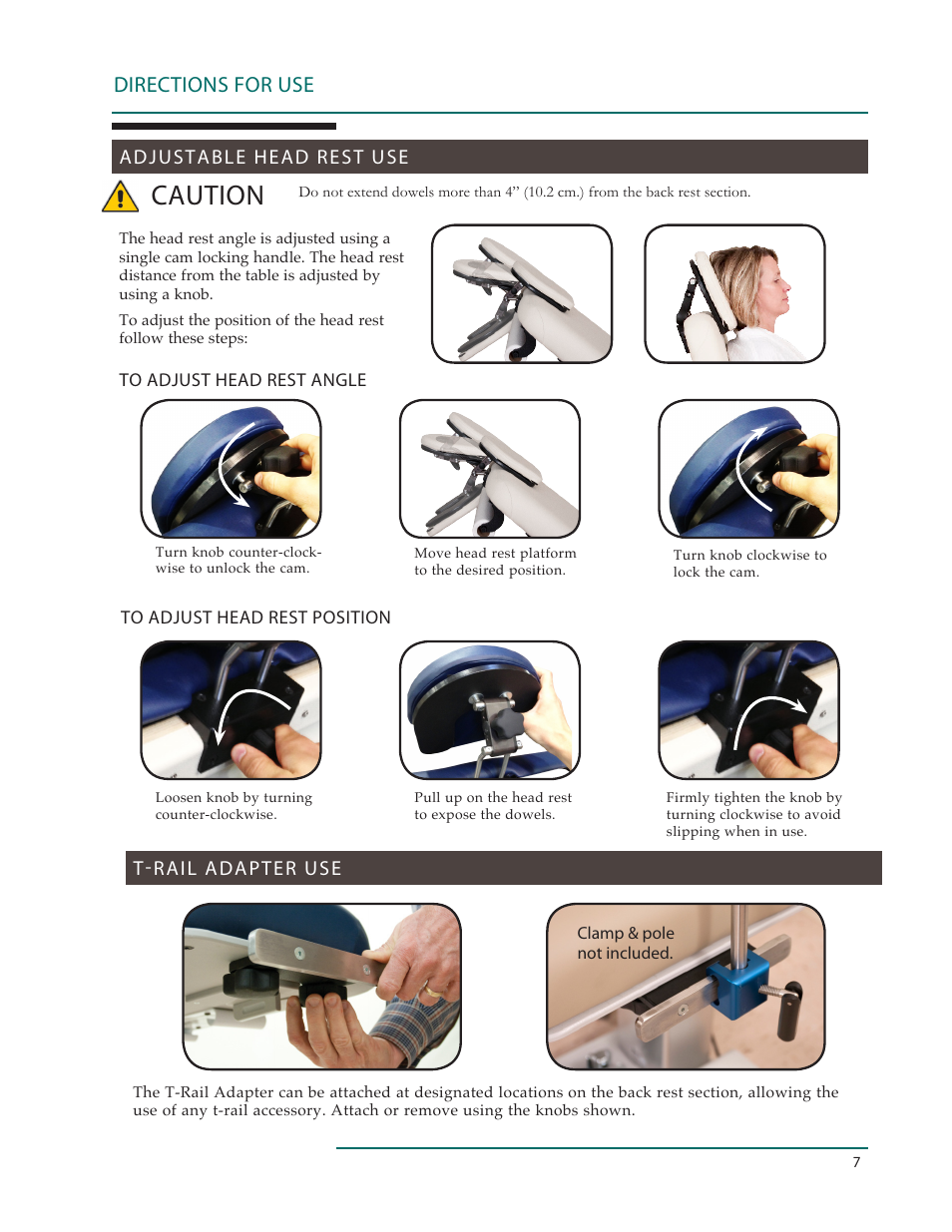 Caution, Directions for use, Adjustable head rest use | T-rail adapter use | Oakworks 121A Procedure Chair Rev.C User Manual | Page 10 / 20