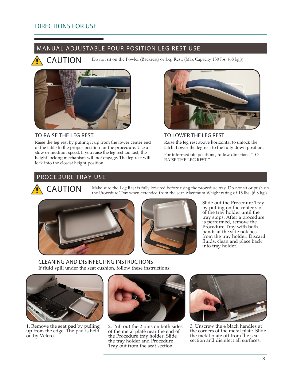Caution, Directions for use, Procedure tray use | Manual adjustable four position leg rest use | Oakworks 121A Procedure Chair Rev.C User Manual | Page 11 / 20