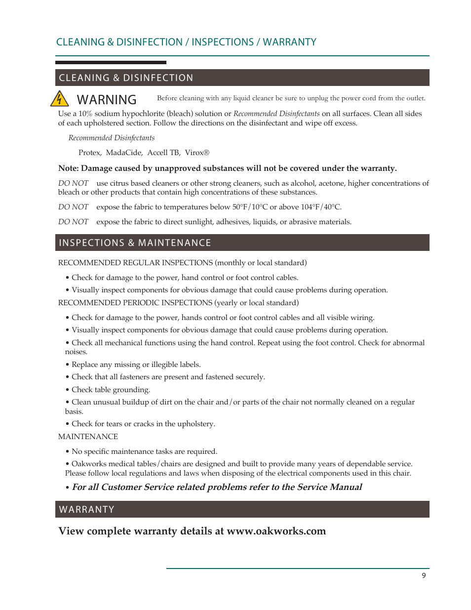 Warning, Cleaning & disinfection / inspections / warranty | Oakworks 121A Procedure Chair Rev.C User Manual | Page 12 / 20