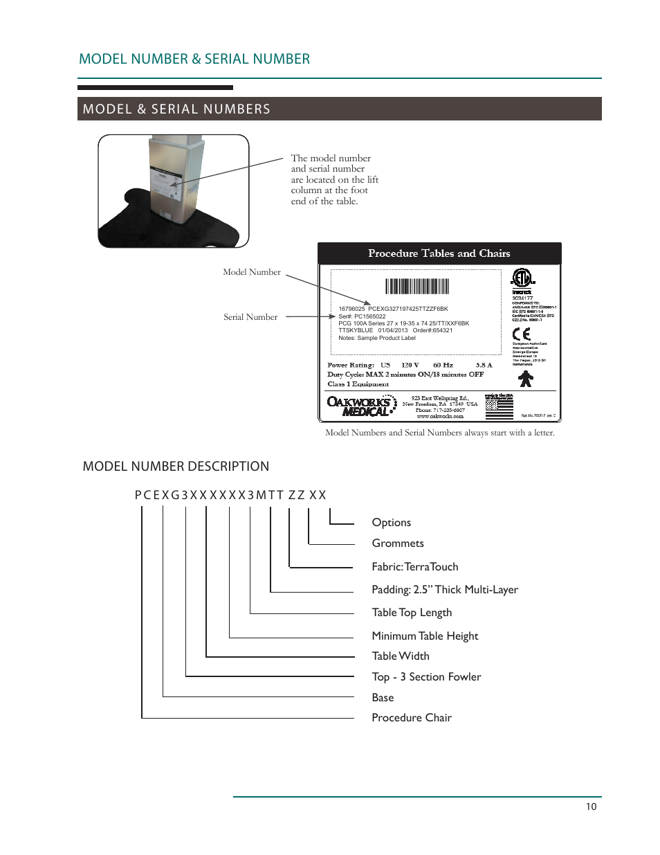 Model number & serial number, Model & serial numbers model number description | Oakworks 121A Procedure Chair Rev.C User Manual | Page 13 / 20