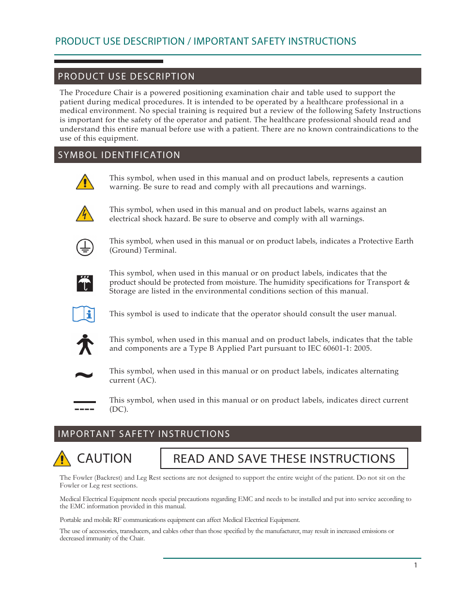 Caution, Read and save these instructions | Oakworks 121A Procedure Chair Rev.C User Manual | Page 4 / 20