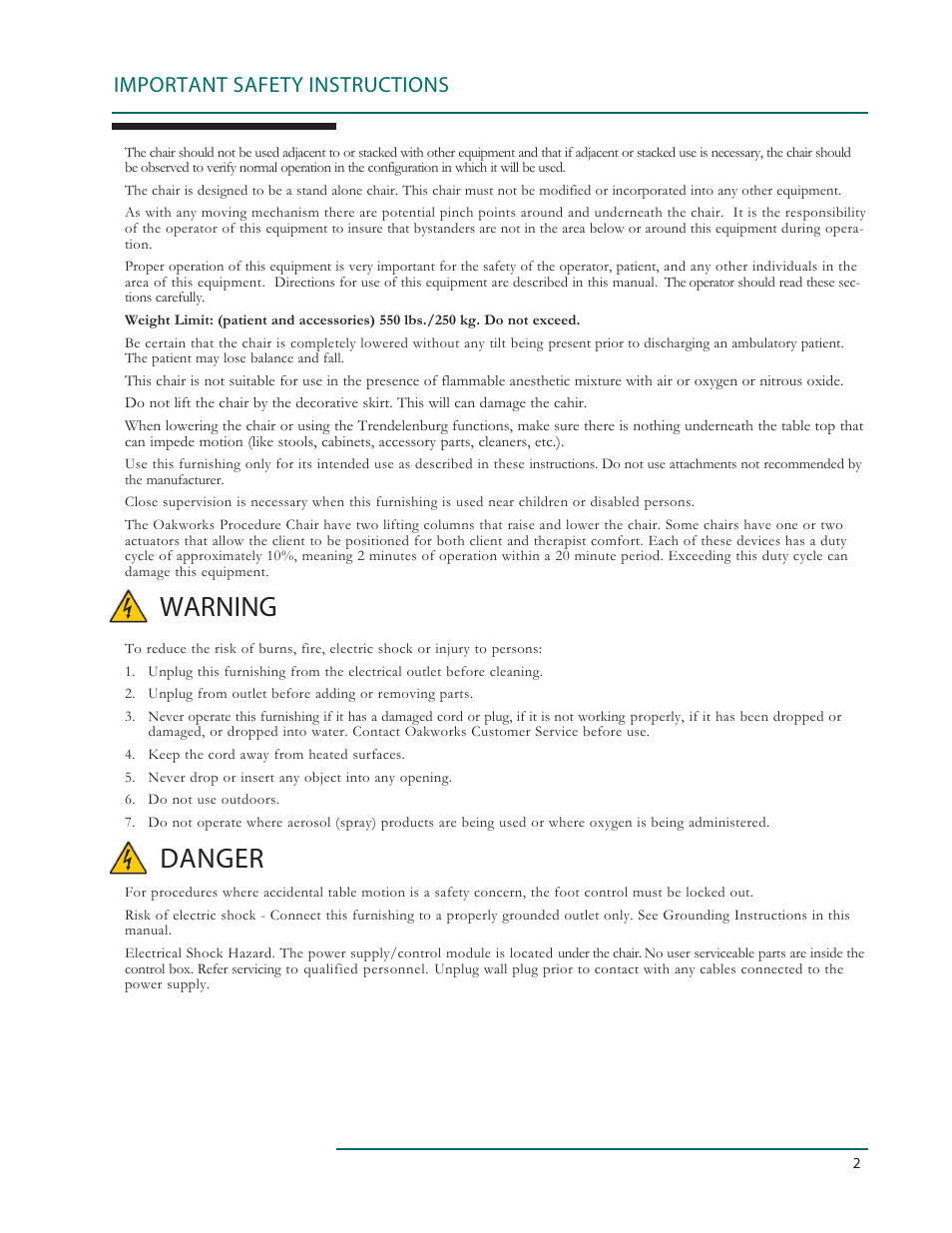 Warning, Danger, Important safety instructions | Oakworks 121A Procedure Chair Rev.C User Manual | Page 5 / 20