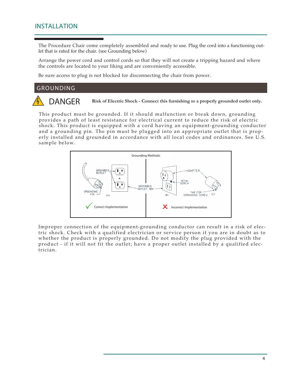 Danger, Installation | Oakworks 121A Procedure Chair Rev.C User Manual | Page 7 / 20