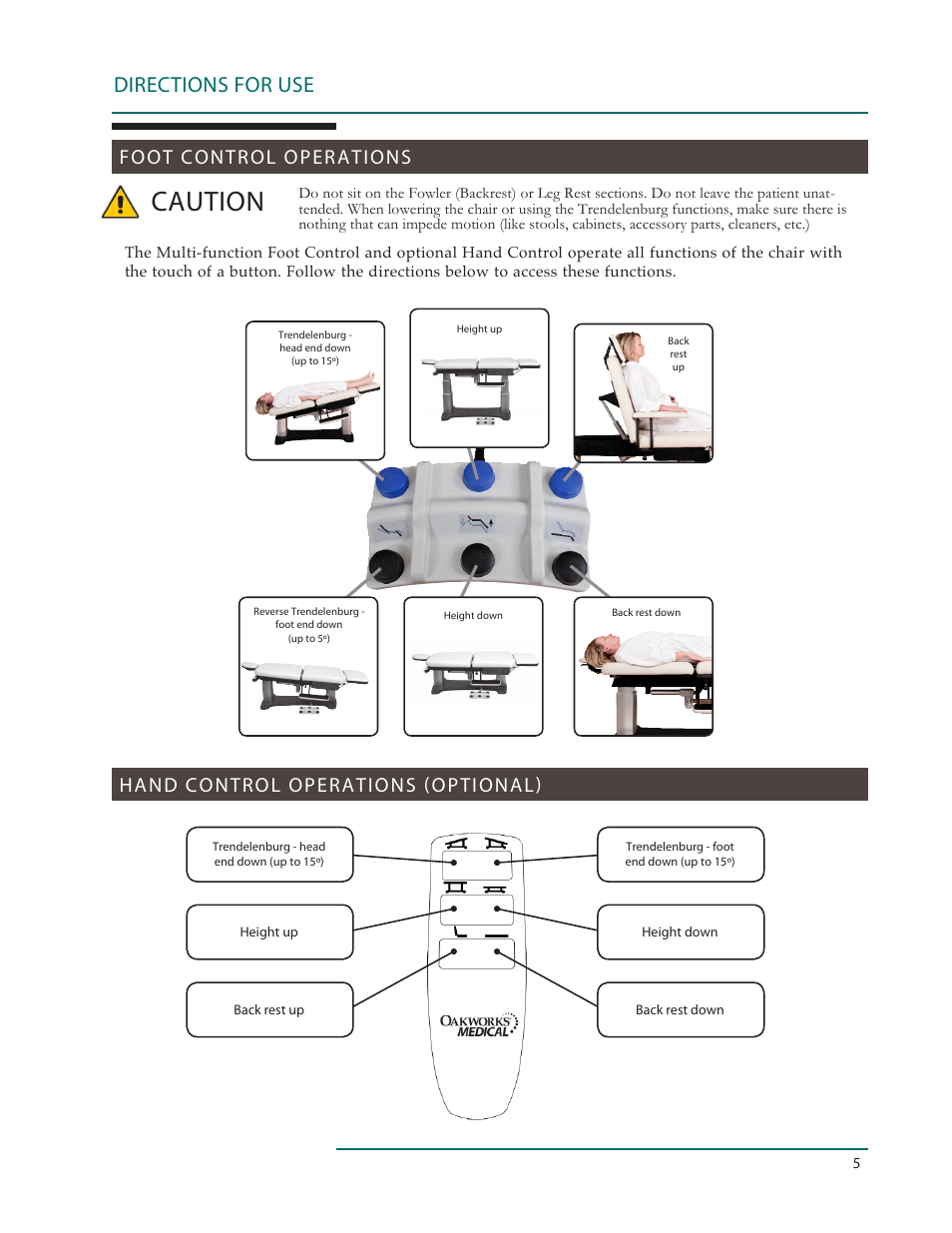 Caution, Directions for use, Foot control operations | Hand control operations (optional) | Oakworks 121A Procedure Chair Rev.C User Manual | Page 8 / 20