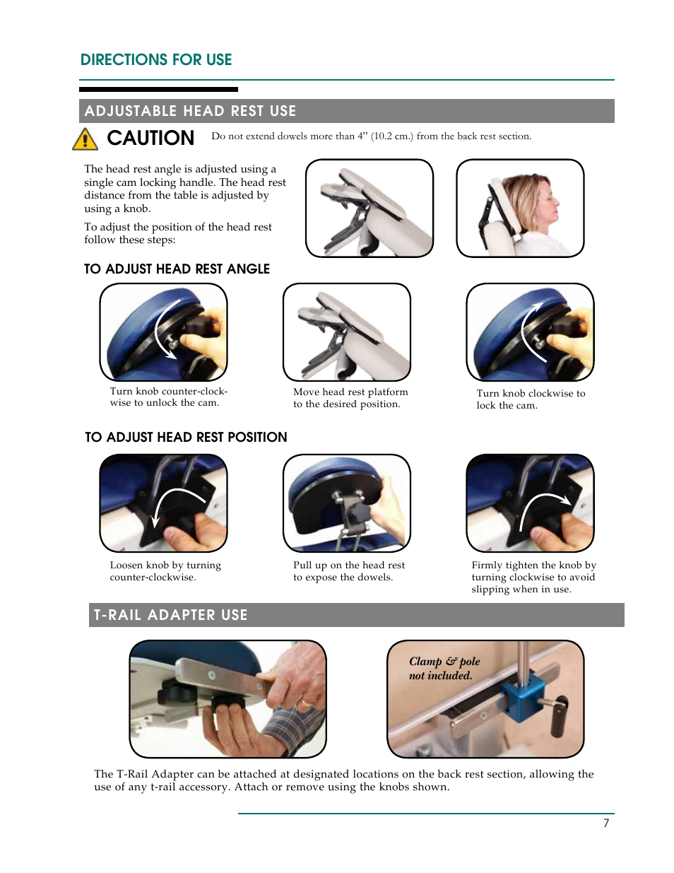 Caution, Directions for use, Adjustable head rest use | T-rail adapter use | Oakworks 121A Procedure Chair Rev.B User Manual | Page 10 / 20